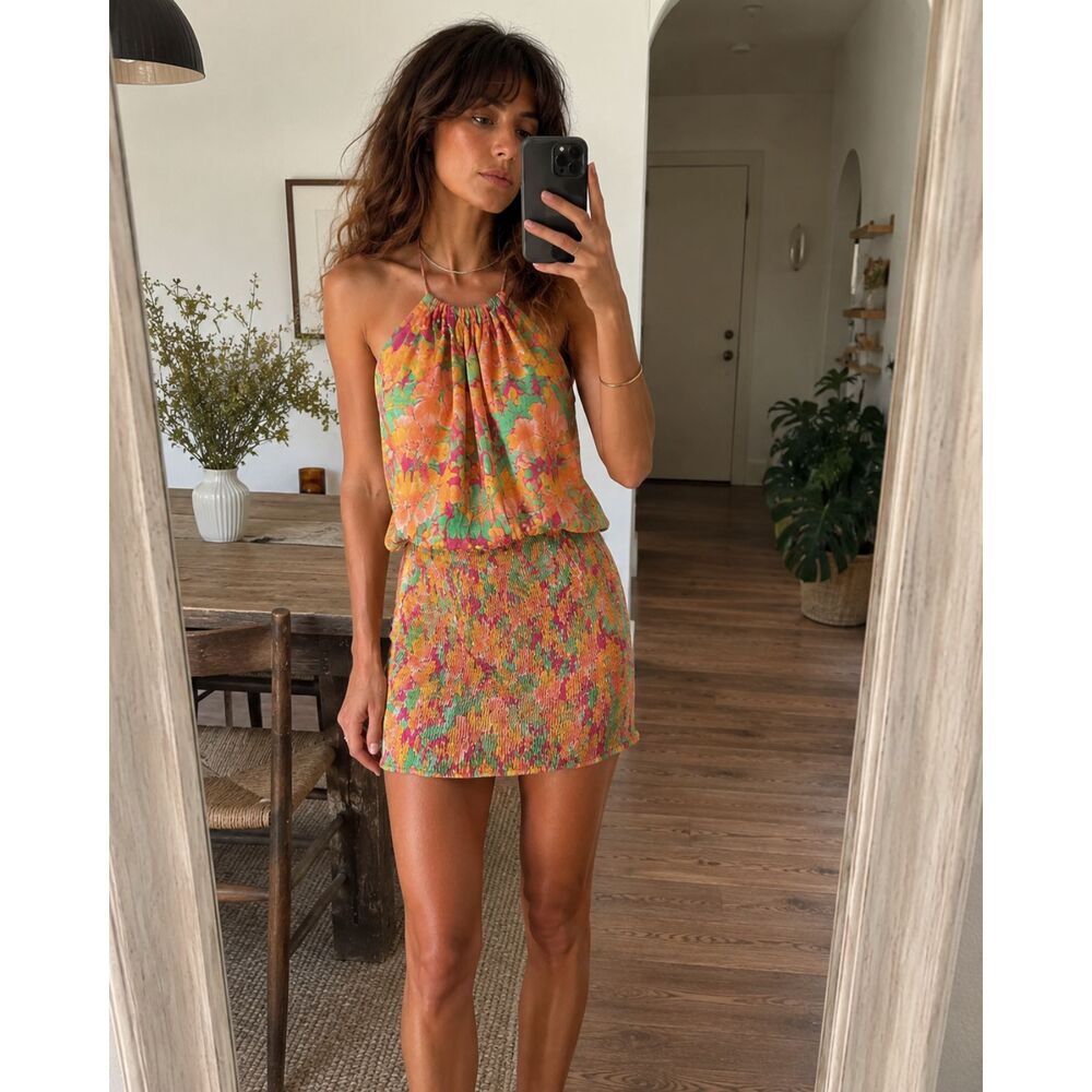 Lost + Wander Halter Mini Dress M Sundress Floral Peach Orange Eternal Lights